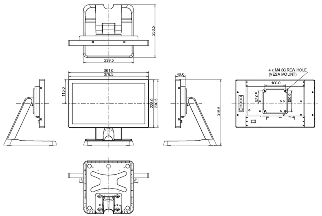 Plan coté de l’iiyama ProLite T1634MC : 381 × 315,5 × 253,5 mm, fixation VESA 100 × 100